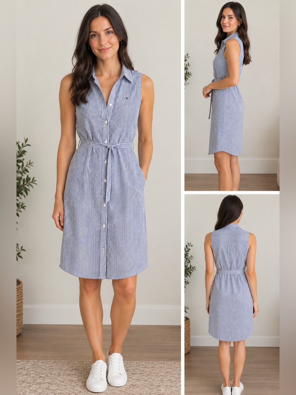 Tommy Hilfiger Blue and White Striped Sleeveless Shirt Dress